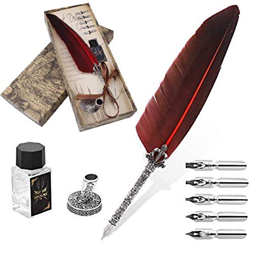 SOULONG Feder-Dip-Stift-Set, Kalligraphie-Feder-Set mit 5 Ersatzspitzen für Buchstaben, Metallfeder für Anfänger, Unterschriften-Design (rot) von SOULONG