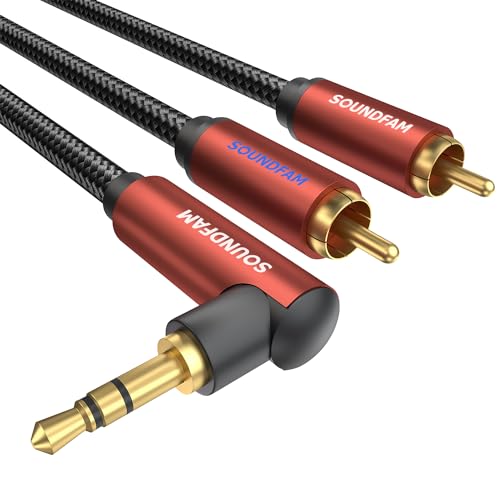 SOUNDFAM 1M Klinke auf Cinch Kabel, 90 Grad 3,5mm Klinkenstecker auf 2 x Cinch-Stecker Aux Stereo Audio Kabel für Smartphone, Lautsprecher, MP3, Tablet usw. von SOUNDFAM