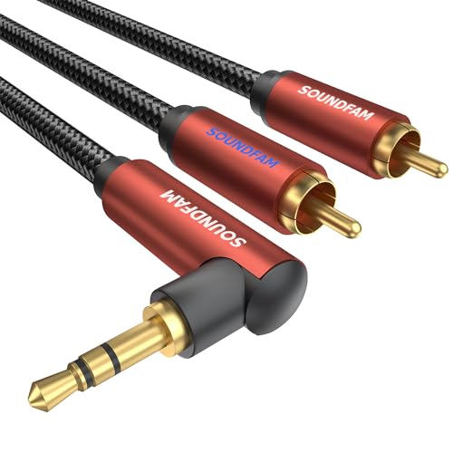 SOUNDFAM 3M Klinke auf Cinch Kabel, 90 Grad 3,5mm Klinkenstecker auf 2 x Cinch-Stecker Aux-Stereo-Audio Kabel für Smartphone, Lautsprecher, MP3, Tablet usw. von SOUNDFAM