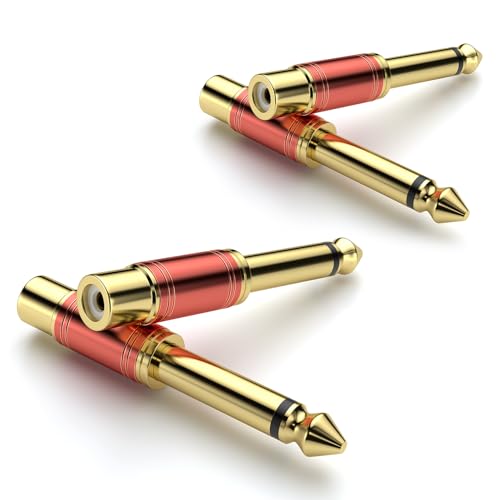 SOUNDFAM 4 STK Cinch auf 6,35mm Klinken Audio Adapter 6,35 mm (1/4 Zoll) Stecker auf RCA Cinch-Buchse Audioadapter (RCA Mono 6,35mm TS, 24K Vergoldet, Rot) von SOUNDFAM