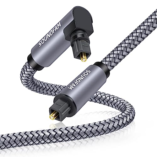 SOUNDFAM 90 Grad Optisches Audiokabel 1M, Rechtwinkliges Optisches Toslink Kabel 360° Frei Drehbarer Stecker Digitales Optisches Audiokabel Stecker zu Stecker für Soundbar, TV-Grau von SOUNDFAM