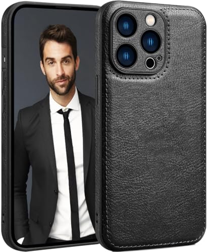 SOUTEM für iPhone 15 Pro Max Hülle Leder, Vintage Klassisches PU-Leder Luxus Business Kamera Rahmenschutz Hülle, Weiche rutschfeste Griff Anti-Kratzer Stoßfeste Hülle für iPhone 15 Pro Max(Schwarz) von SOUTEM