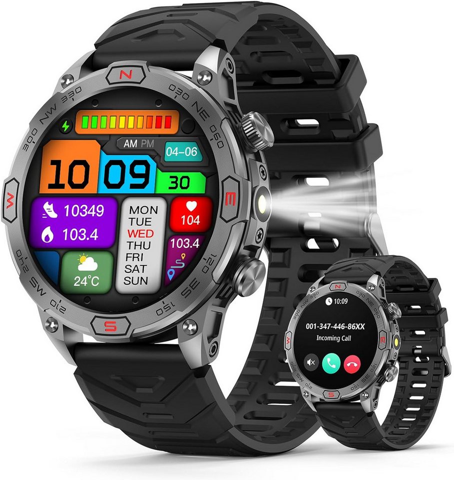 SOUYIE 2024 Fur Herren Damen mit LED Taschenlampe AMOLED-Display Smartwatch (1.43 Zoll, Android / iOS), mit Kompass/Höhen/Luftdruckfunktion, Wasserdichte Sport Herzfrequenz von SOUYIE