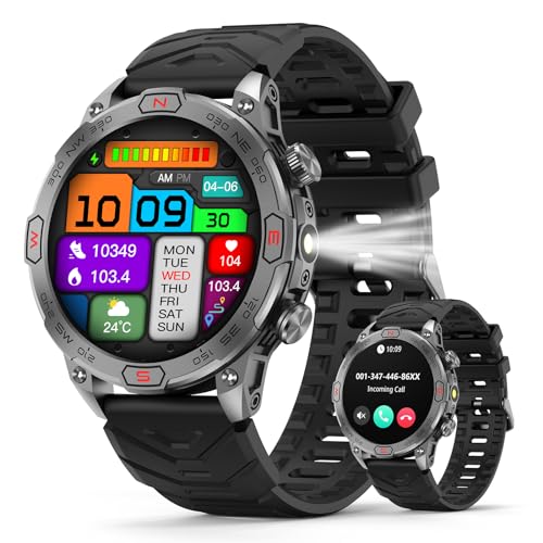 Smartwatch für Männer und Frauen mit Kompass/Höhe/Luft Druck, 450-mAh-Akku mit LED-Taschenlampe, 1,43-Zoll-AMOLED-Display, wasserdichter Fitness-Tracker mit Herzfrequenz-Blutdruck für Andriod iOS von SOUYIE