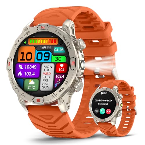 2024 Smartwatch für Damen Herren mit Telefonfunktion, 1,43 Zoll Touchscreen Smart Watch mit LED-Taschenlampe, IP68 Wasserdicht Fitnessuhr mit Kompass/Höhen/Luftdruckfunktion, Sportuhr für iOS Android von SOUYIE