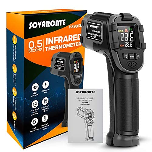 Digitaler Infrarot Thermometer SOVARCATE Präzise Kontaktlos -32°C bis 600°C - Einstellbarer Emissionsgrad - Alarmfunktion bei Höchst-/Nieder-Termperatur - LCD Farb-Display Laserthermometer Pyrometer von SOVARCATE