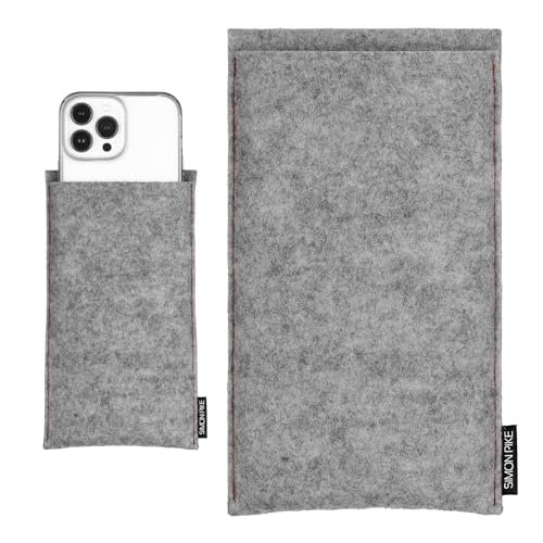SimonPike Handyhülle passend für Apple iPhone 16 Pro Max | 15 Pro Max | 14 Pro Max | 13 Pro Max (Gr. S) | Boston grau Kontrastnaht rot Filztasche aus Filz (echtem Wollfilz) Handy/Smartphone Tasche von SP SIMON PIKE