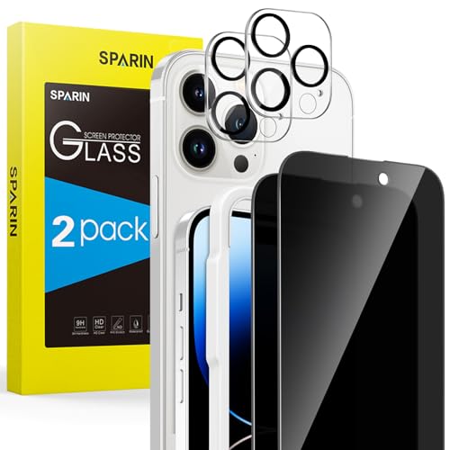 SPARIN 2+2 Stück Sichtschutz Schutzfolie für iPhone 14 Pro 6,1 Zoll, mit Rahmen-Installationshilfe, 2 Stück Displayschutz und 2 Stück Kameraschutz, 9H Härte Glas, Anti-Spy Folie von SPARIN