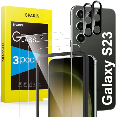 SPARIN 3+2 Stück Schutzfolie für Samsung Galaxy S23, 3 Stück Samsung S23 Panzer Schutz Glas und 2 Stück Kameraschutz, mit Rahmen Positionierhilfe, Fingerabdruck-ID Unterstützen, HD-Klar von SPARIN