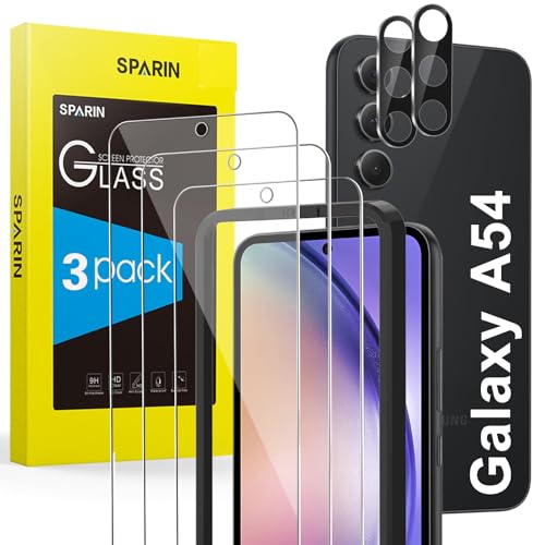 SPARIN 3+2 Stück für Samsung Galaxy A54 5G Panzer Schutz Glas, mit Rahmen-Installationshilfe, 3 Stück Schutzfolie und 2 Stück Kameraschutz für Samsung A54 6,4 Zoll, 9H Härte Glas Folie von SPARIN