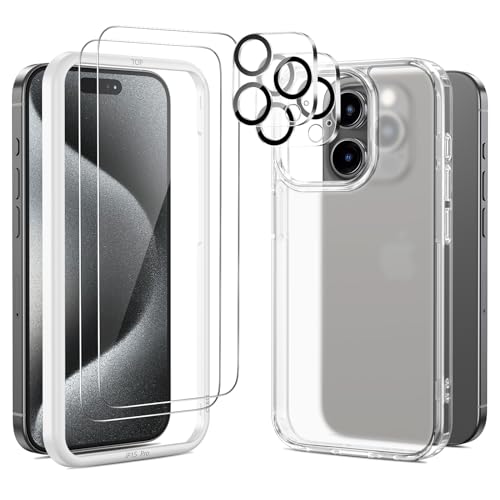 SPARIN 3 in 1 Hülle für iPhone 15 Pro, 2 Panzer Schutz Glas Schutzfolie und 2 Kameraschutz für iPhone 15 Pro, Hard PC und TPU Silikon Bumper Handyhülle Case - Matt Transparent von SPARIN