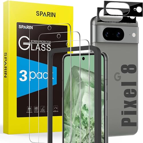 SPARIN Panzer Schutz Glas für Google Pixel 8 Schutzfolie, 3 Stück Schutglas und 2 Stück Kameraschutz, mit Rahmen Positionierhilfe, 9H Härte Kratzfest Folie, HD-Klar von SPARIN