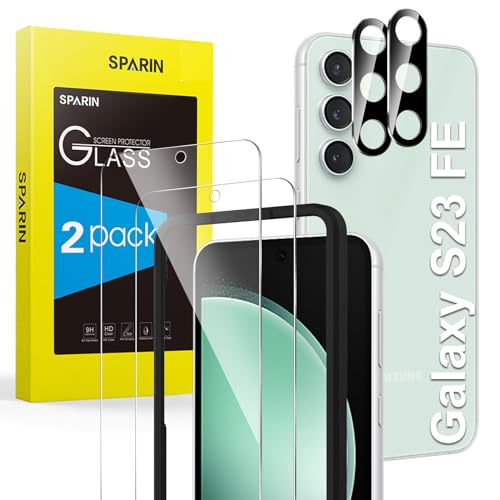 SPARIN Schutzfolie für Samsung Galaxy S23 FE Panzer Schutz Glas, mit Positionierhilfe, 2 Stück Schutzglas und 2 Stück Kameraschutz für Samsung S23 FE 5G, 6,4 Zoll, 9H Härte, HD-klar von SPARIN