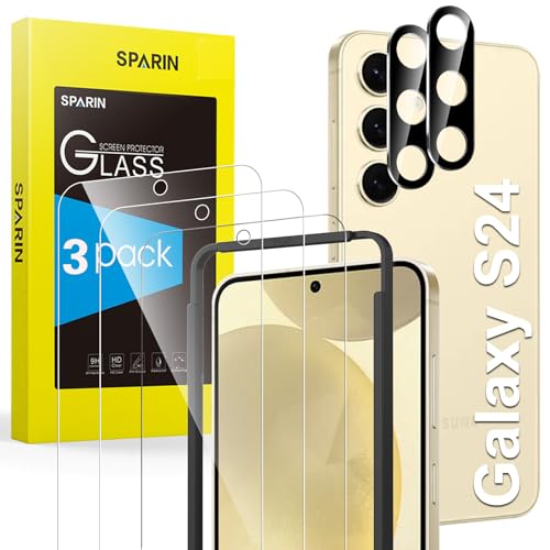SPARIN für Samsung Galaxy S24 Panzer Schutz Glas, 3 Stück Schutzfolie und 2 Stück Kameraschutz, mit Rahmen Positionierhilfe, Fingerabdruck-ID Unterstützen, 3+2 Stück, 9H Härte, Ultra-Klar von SPARIN