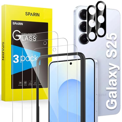 SPARIN für Samsung Galaxy S25 Panzer Schutz Glas, 3 Stück Schutzfolie und 2 Kameraschutz, mit Rahmen Positionierhilfe, Fingerabdruck-ID Unterstützen, 9H Härte, Kratzfest, HD-Klar, 3+2 Stück von SPARIN