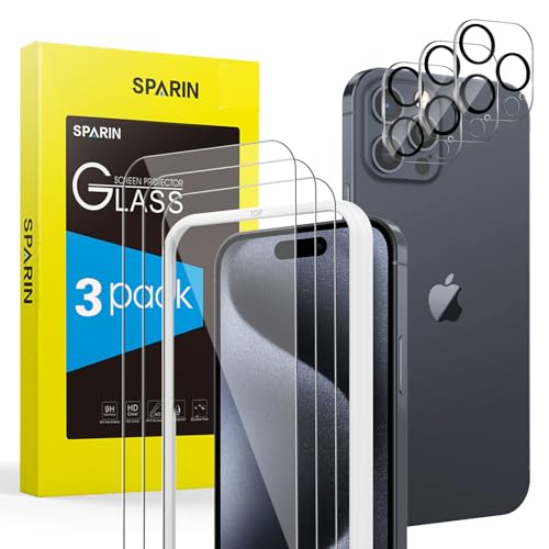 SPARIN für iPhone 15 Pro Max Panzer Schutz Glas, 3+3 Stück Schutzfolie und Kameraschutz mit Positionierhilfe, 9H Härte Panzerfolie, HD Displayschutz von SPARIN
