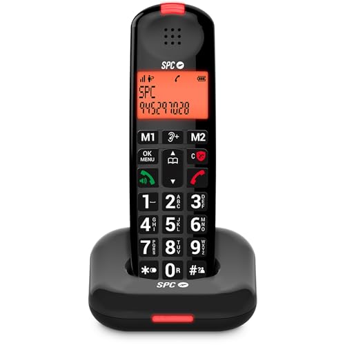 SPC Comfort Kairo - Schnurloses Telefon für Senioren mit großen Tasten, verstärktem Ton, hörgerätekompatibel, Anrufsperre, Lichtsignal und 2 Direktspeichern – Schwarz von SPC