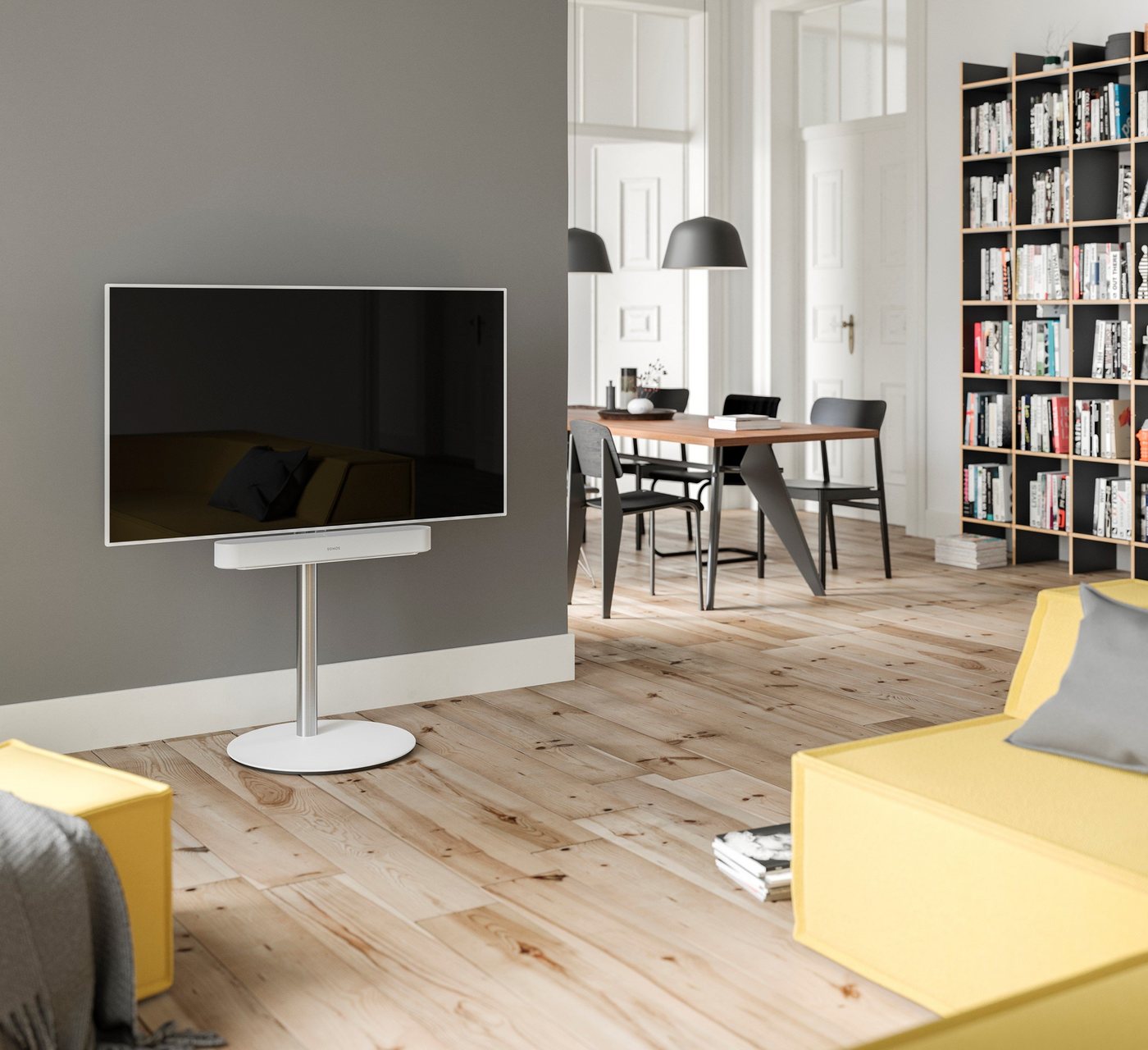 SPECTRAL Circle ist ein moderner wie auch edel anmutender TV-Stand mit drehbarer und höhenverstellbarer TV-Halterung. Stabile Sockelplatte aus Stahl mit satinierter Glasauflage. TV-Ständer, (für Bildschirme von 32'' bis 65) von SPECTRAL
