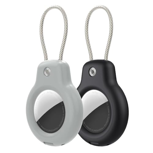 SPGUARD Kompatibel mit Apple AirTag Anhänger Secure Halter mit Kabel, 2er Pack Air Tag Lock Case Schlüsselanhänger Schlüsselring Hülle Gepäckanhänger für Schlüssel, Gepäck & mehr (Schwarz&Grau) von SPGUARD