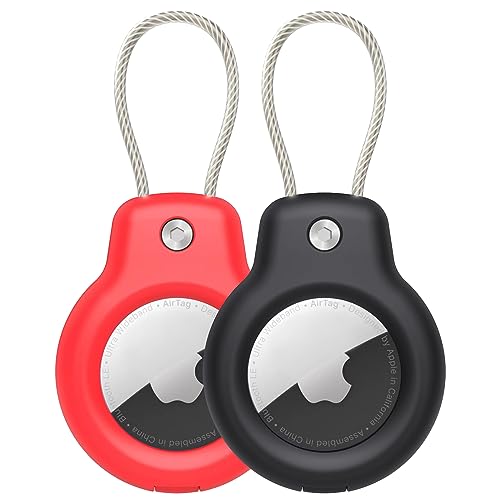 SPGUARD Kompatibel mit Apple AirTag Anhänger Secure Halter mit Kabel, 2er Pack Air Tag Lock Case Schlüsselanhänger Schlüsselring Hülle Gepäckanhänger für Schlüssel, Gepäck & mehr (Schwarz&Rot) von SPGUARD