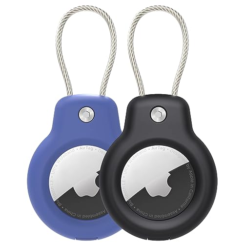 SPGUARD Kompatibel mit Apple AirTag Anhänger Secure Halter mit Kabel, 2er Pack Air Tag Lock Case Schlüsselanhänger Schlüsselring Hülle Gepäckanhänger für Schlüssel, Gepäck & mehr (Schwarz&Blau) von SPGUARD