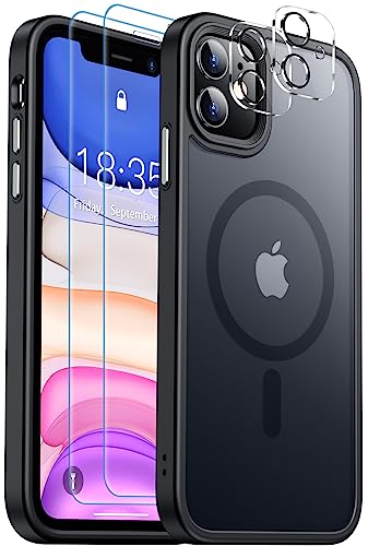 SPIDERCASE Magnetische Schutzhülle für iPhone 11, militärischer Fallschutz, 2 Stück Glas-Displayschutzfolie und Kameralinsenschutz, durchscheinende, matte Hülle, schwarz von SPIDERCASE
