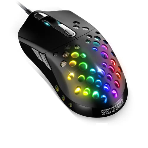 SPIRIT OF GAMER - Elite M80 - Kabelgebundene RGB Gaming Maus - Ultraleichte Gaming Maus - Optischer Sensor mit 4200 DPI - 6 programmierbare Tasten - Schwarze perforierte Wabenschale – Gewicht : 68 g von SPIRIT OF GAMER