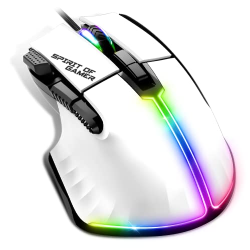SPIRIT OF GAMER | Weiß Gaming Maus PC mit 12800 DPI | RGB Maus mit 8 Programmierbaren Tasten darunter 1 Rapid Fire | 13 Hintergrundbeleuchtungseffekte | Ergonomische Gaming Mouse mit Daumenauflage von SPIRIT OF GAMER