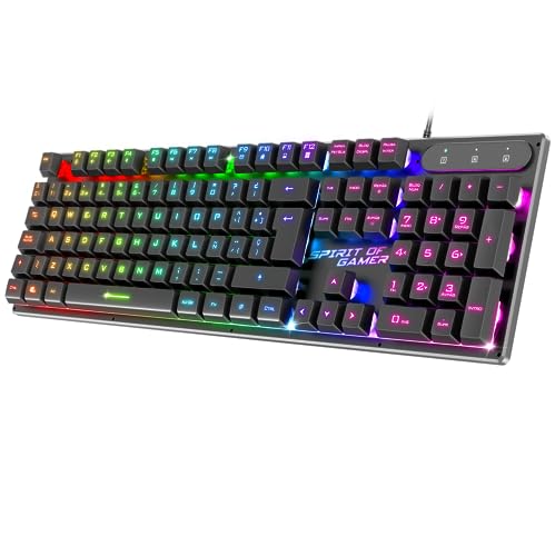 SPIRIT OF GAMER x PRO K1 | Kabelgebundene Semi Mechanische Gaming Tastatur PC | Layout QWERTY Spanisch | 26 Anti-Ghosting Tasten | 3 RGB Hintergrundbeleuchtungsmodi | Slim USB Gaming Keyboard von SPIRIT OF GAMER