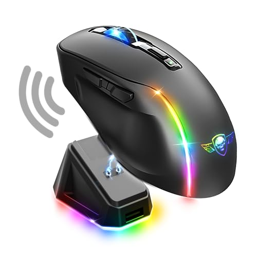Spirit of Gamer - Elite M50 Dark, Kabellose Gaming Maus RGB 8000 DPI, 6 Programmierbare Tasten, Bluetooth & 2,4 GHz Verbindung, Lange Akkulaufzeit von 90 Stunden, RGB Ladestation, Schwarz von SPIRIT OF GAMER