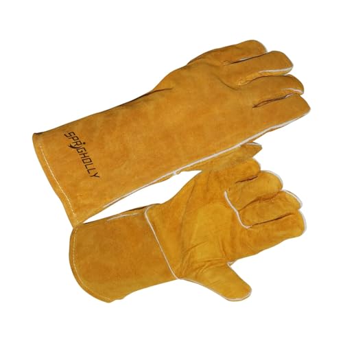 Schweißerhandschuhe Feuer Hitzebeständig Feuerfestes Leder,Schmiede/Mig/Stick Handschuhe für den Kamin Hitze Mitts für Ofen/Grill/Kamin/Ofen/Holzherd/Topfhalter/BBQ/Tierbehandlung,14 Inches von SPRIGHOLLY