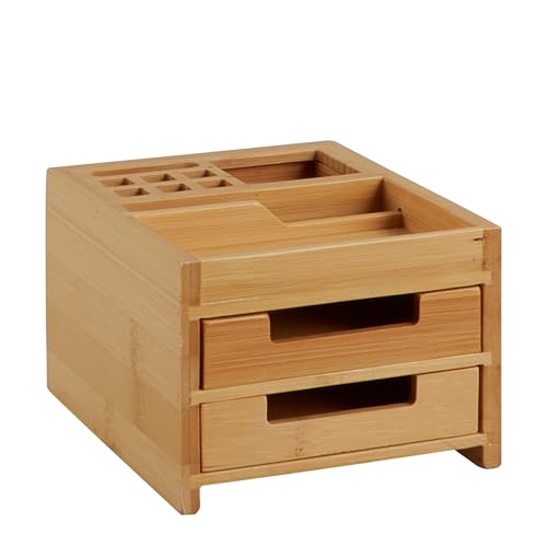SPRINTIS Schreibtisch Organizer mit Schubladen, Stiftehalter aus Bambus mit 4 Fächern und 2 Schubladen, eignet sich als Stiftebox für den Bürotisch von SPRINTIS