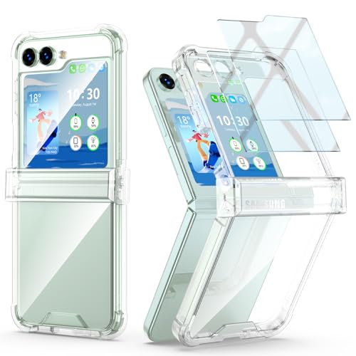 Entworfen für Galaxy Z Flip 5 Hülle mit Scharnierschutz und integriertem 2 Displayschutzfolien aus gehärtetem Glas, Samsung Flip 5, volle Abdeckung, stoßfest, schlanke Handy-Schutzhülle, transparent von SQMCase