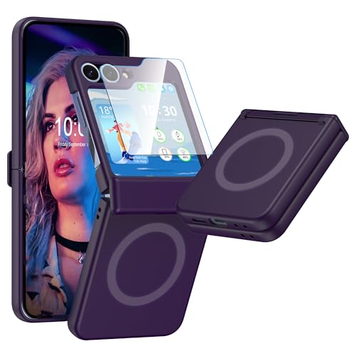 Entworfen für Samsung Galaxy Z Flip 6/5, magnetisch, [kompatibel mit MagSafe], Scharnierschutz mit Displayschutzfolie, harte PC-Schutzhülle für Damen, Herren, Dunkelviolett von SQMCase