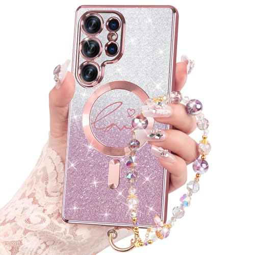 Schutzhülle für Samsung Galaxy S25 Ultra, magnetisch, Glitzer mit Handgelenkstreifen, kompatibel mit MagSafe, luxuriöse, vergoldete Hülle, stoßfest, Fallschutz, transparent für S25 Ultra (Rosa + Schutzhülle für Samsung Galaxy S25 Ultra, magnetisch, Glitzer mit Handgelenkstreifen, kompatibel mit MagSafe, luxuriöse, vergoldete Hülle, stoßfest, Fallschutz, transparent für S25 Ultra (Rosa + von SQMCase
