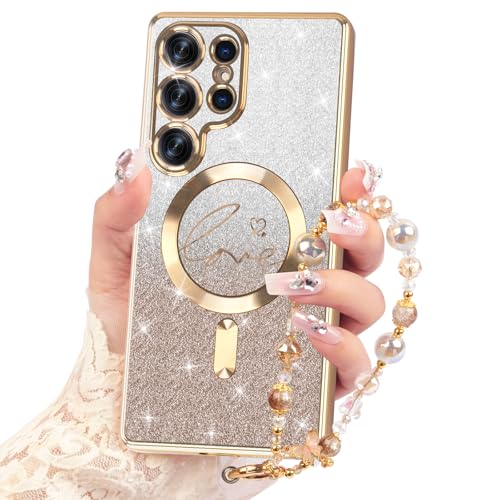 Schutzhülle für Samsung Galaxy S25 Ultra, magnetisch, Glitzer mit Handschlaufe, kompatibel mit MagSafe, luxuriöse, vergoldete Hülle, stoßfest, Fallschutz, transparent für S25 Ultra (Gold + Gold) Schutzhülle für Samsung Galaxy S25 Ultra, magnetisch, Glitzer mit Handschlaufe, kompatibel mit MagSafe, luxuriöse, vergoldete Hülle, stoßfest, Fallschutz, transparent für S25 Ultra (Gold + Gold) von SQMCase
