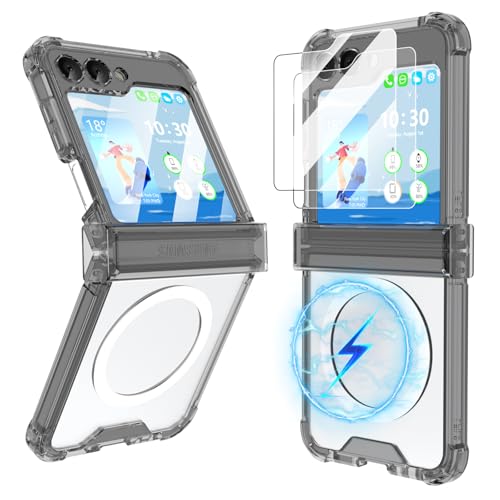 Schutzhülle für Samsung Galaxy Z Flip 6, mit Scharnierschutz und 2 Displayschutzfolien, kompatibel mit Magsafe, transparente Handy-Schutzhülle für Z Flip 6 (Kristallschwarz) von SQMCase