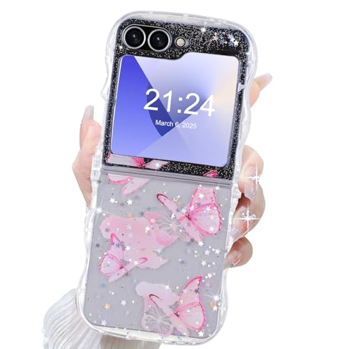 Schutzhülle für Z Flip 6/5, transparent, Schmetterling, für Damen und Mädchen, TPU, glitzernd, stoßfest, für Samsung Galaxy Z Flip 6/5 (klares Rosa) von SQMCase
