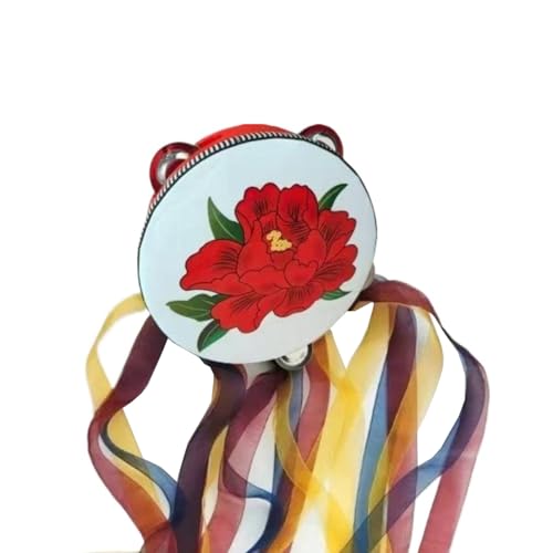 Pfingstrosenblüten Handtrommel für Erwachsene Handgefertigte Stickerei, Tamburin Kinder für Tanzbegleitung Tambourin Tragbar(6inch,B) von SQOYEI