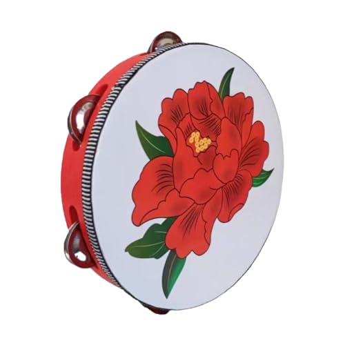 Pfingstrosenblüten Handtrommel für Erwachsene Handgefertigte Stickerei, Tamburin Kinder für Tanzbegleitung Tambourin Tragbar(8inch,A) von SQOYEI