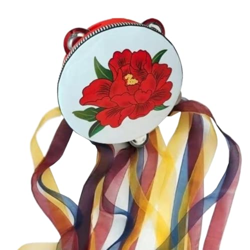 Pfingstrosenblüten Handtrommel für Erwachsene Handgefertigte Stickerei, Tamburin Kinder für Tanzbegleitung Tambourin Tragbar(8inch,B) von SQOYEI