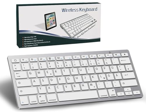 Bluetooth Tastatur Kabellos,Deutsche QWERTZ Layout Funktastatur Mini Kompaktes Ultra-Dünn Wireless Tastatur für iPad,Mac,Laptop, Tablet,Surface,Phone,Computer,Windows/Android/iOS, Silber von SRAYG