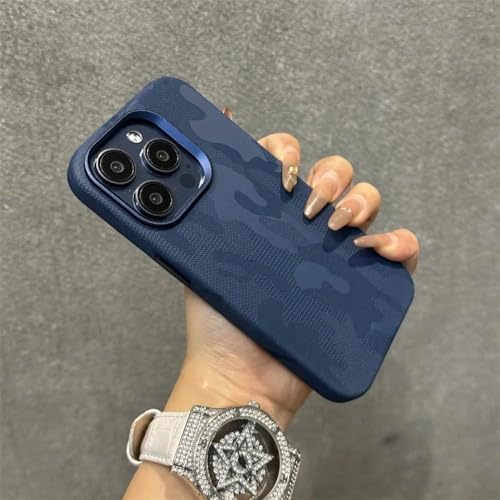 SRGDRR Camouflage-Leder-Magnet-Handyhülle für iPhone 15 14 13 12 Pro Max, kabellose Ladehüllen, stoßfestes Hardcover, blau, für iPhone 14Pro von SRGDRR