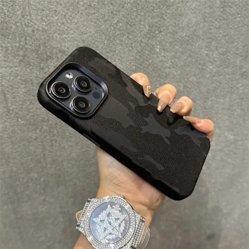 SRGDRR Camouflage-Leder-Magnet-Handyhülle für iPhone 15 14 13 12 Pro Max, kabellose Ladehüllen, stoßfestes Hardcover, schwarz, für iPhone 15Pro von SRGDRR
