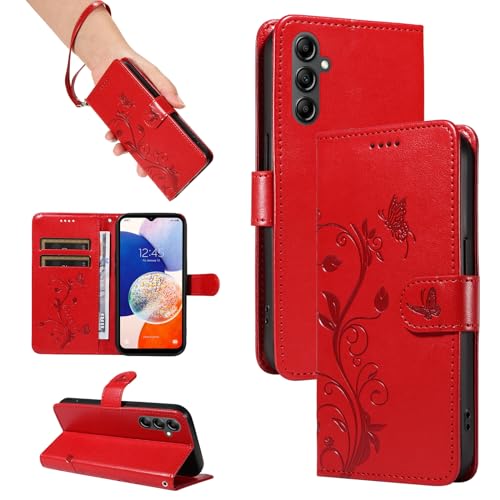 SRISHP Hülle für Samsung Galaxy A14 4G / 5G Hülle, Premium PU Leder Handyhülle mit Band, Magnet Flip Case für Galaxy A14 4G / 5G, Rot von SRISHP