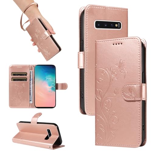 SRISHP Hülle für Samsung Galaxy S10 Hülle, Premium PU Leder Handyhülle mit Band, Magnet Flip Case für Galaxy S10, Rosé Gold von SRISHP