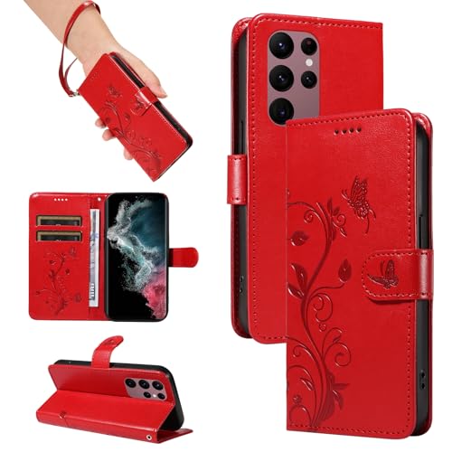 SRISHP Hülle für Samsung Galaxy S22 Ultra Hülle, Premium PU Leder Handyhülle mit Band, Magnet Flip Case für Galaxy S22 Ultra, Rot von SRISHP