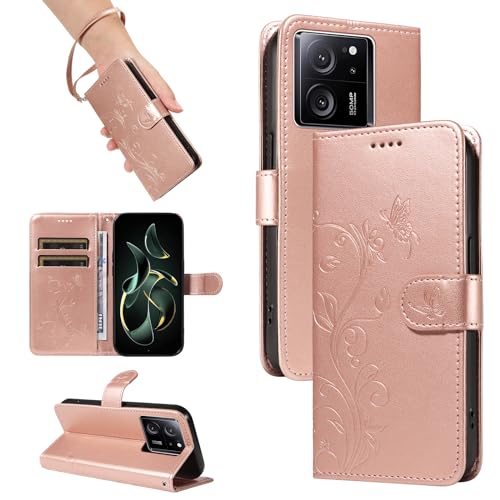 SRISHP Hülle für Xiaomi 13T Pro/Xiaomi 13T Hülle, Premium PU Leder Handyhülle mit Band, Magnet Flip Case für Xiaomi 13T Pro/Xiaomi 13T, Rosé Gold von SRISHP