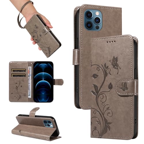 SRISHP Hülle für iPhone 12 / iPhone 12 Pro Hülle, Premium PU Leder Handyhülle mit Band, Magnet Flip Case für iPhone 12 / iPhone 12 Pro, Grau von SRISHP