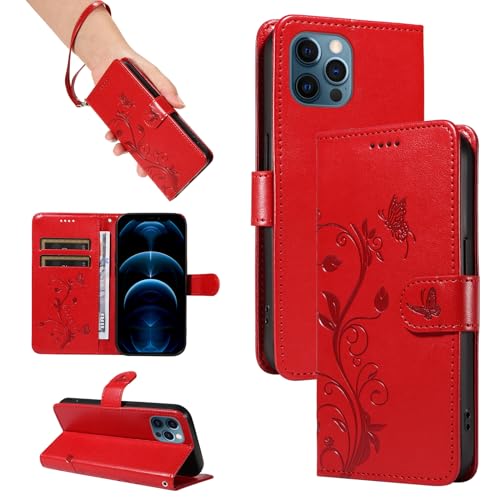 SRISHP Hülle für iPhone 12 / iPhone 12 Pro Hülle, Premium PU Leder Handyhülle mit Band, Magnet Flip Case für iPhone 12 / iPhone 12 Pro, Rot von SRISHP